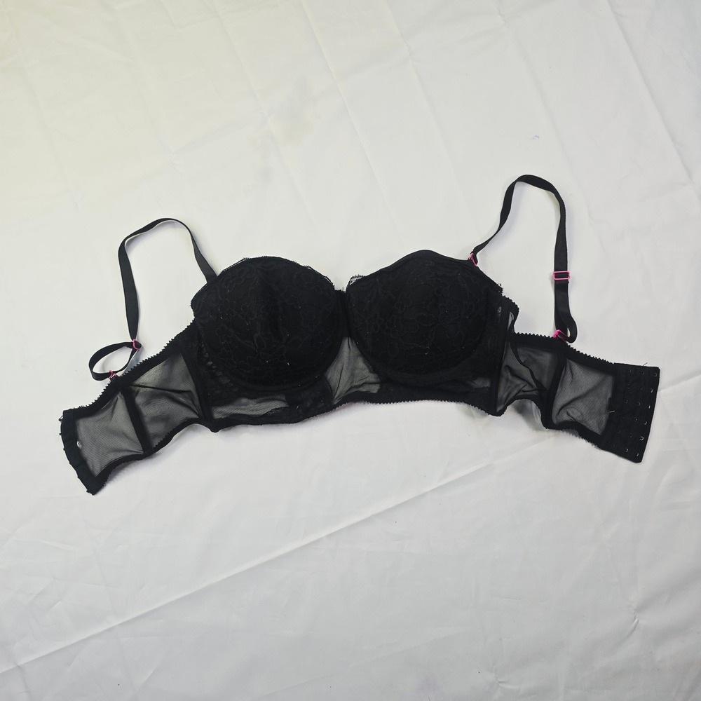Black Fuchsia Women 38D Balconette Bra Black Lace Mesh Pink Hardware
